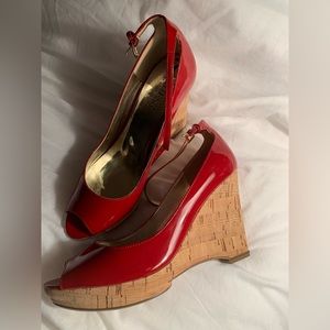 GUESS women’s peep toe cork wedges